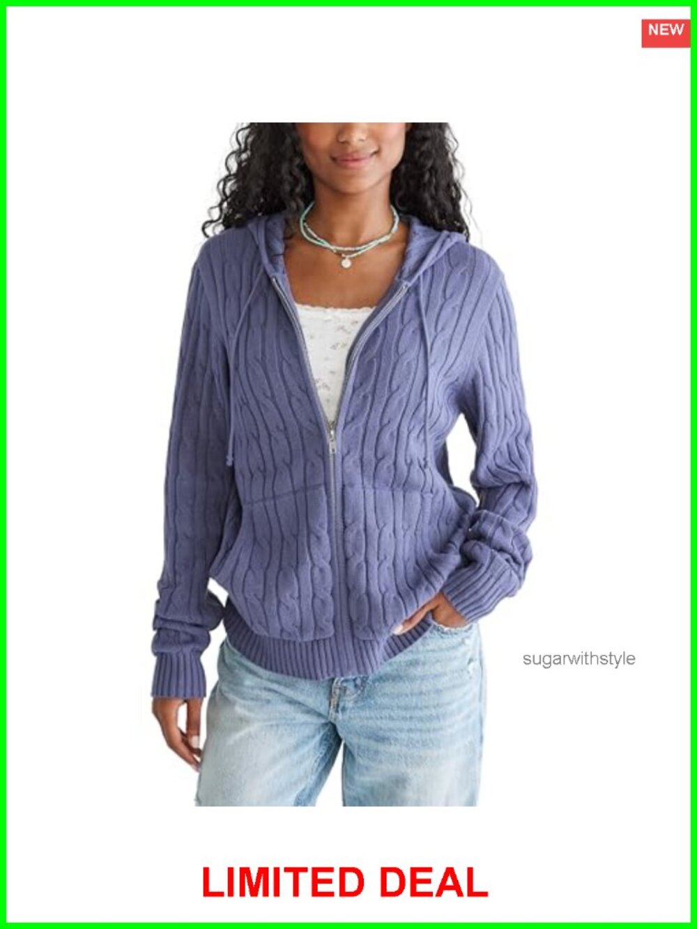 Hooded Cable Knit Zip Up Cardigan Sweater Long Sleeve Rib Knit Trim